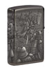 Knight Fight Design High Polish Black Windproof Lighter with its lid open and lit