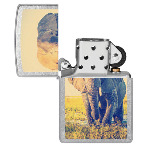 Elephant Design Windproof Lighter with its lid open and unlit.
