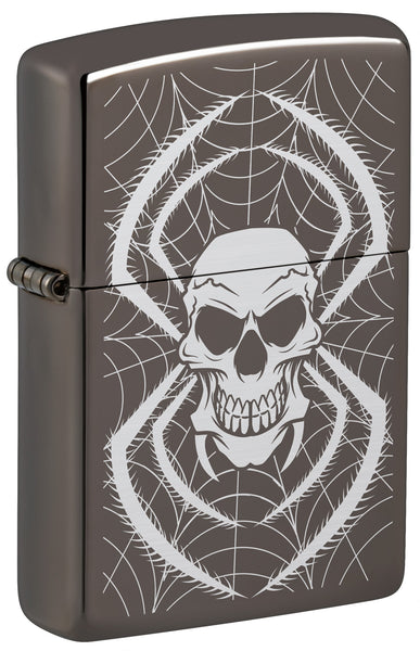 Front shot of Skull Spider Design Windproof Lighter standing at a 3/4 angle.