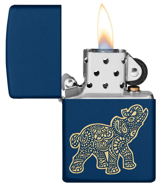 Lucky Elephant Design Navy Matte Windproof Lighter with its lid open and lit.