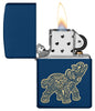 Lucky Elephant Design Navy Matte Windproof Lighter with its lid open and lit.
