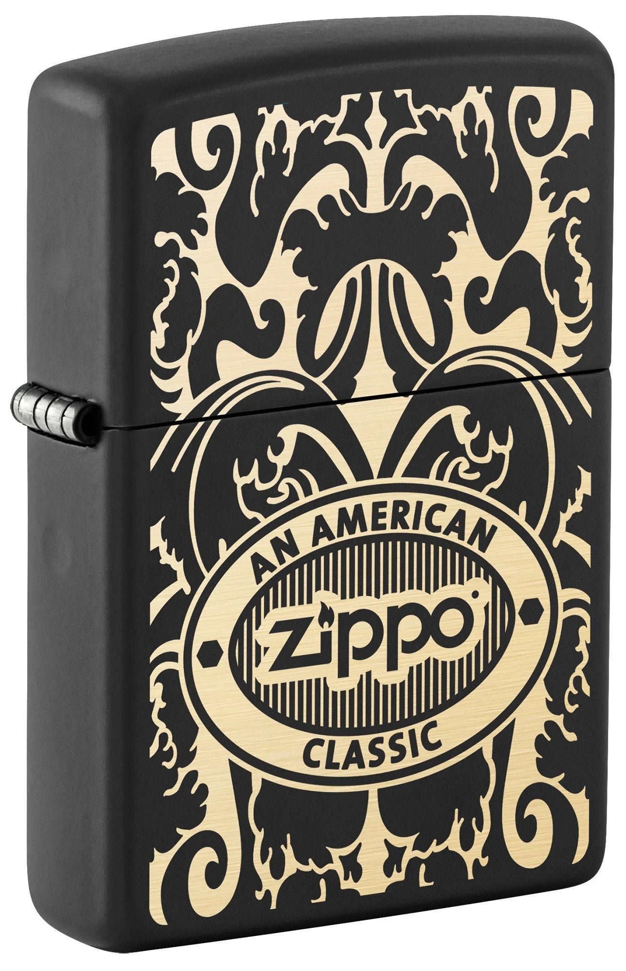 Front shot of Zippo American Classic Windproof Lighter standing at a 3/4 angle.