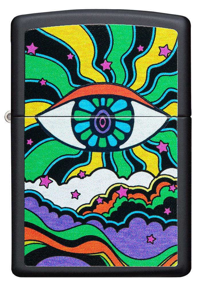 Front view of Black Light Eye Design Black Matte Windproof Lighter.