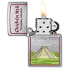 Chichen Itza Design Windproof Lighter with its lid open and lit.
