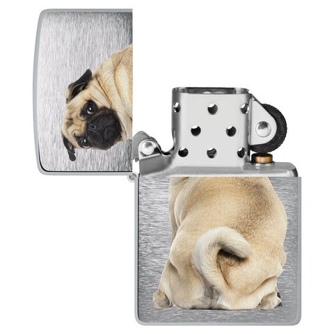 Pug Design Windproof Lighter with its lid open and unlit.