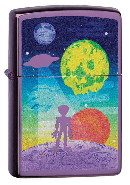 Front of Alien Worlds High Polish Purple Windproof Lighter standing at a 3/4 angle