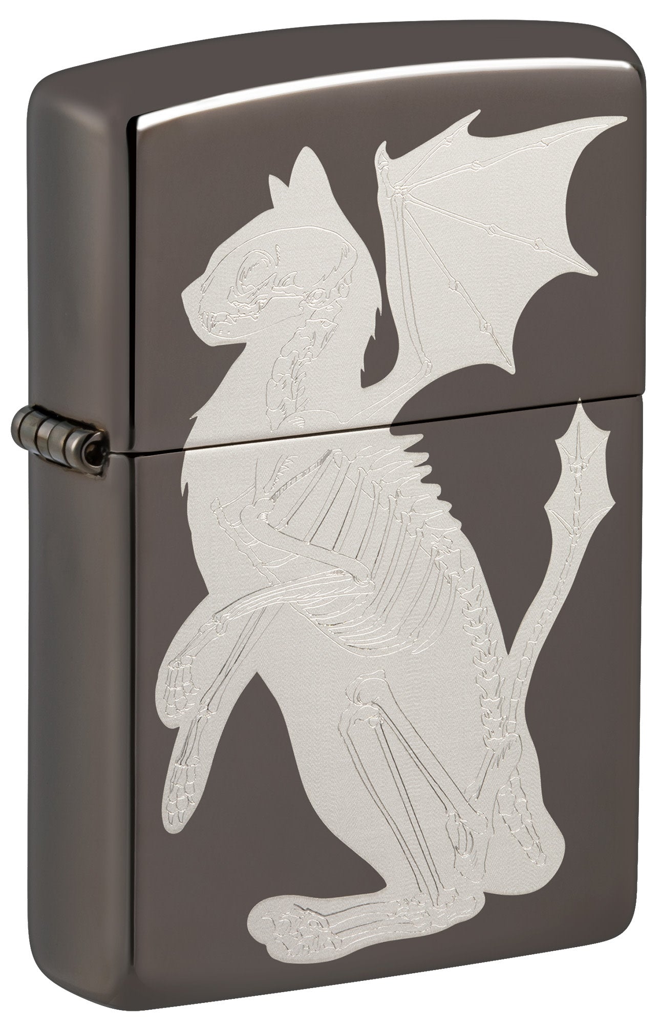 Front shot of Dragon Cat Design Black Ice® Windproof Lighter standing at a 3/4 angle