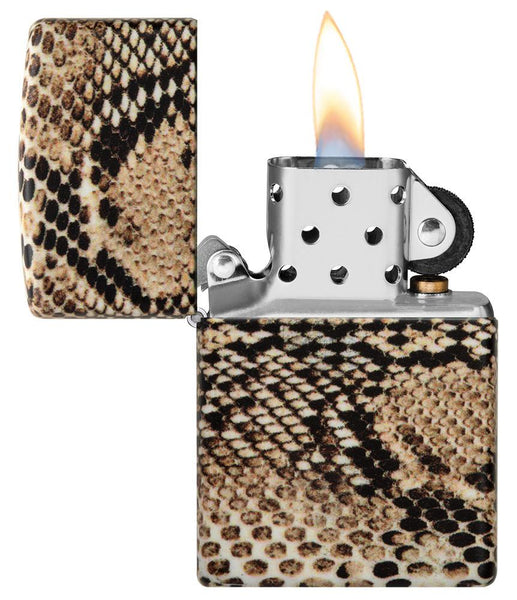 Snake Skin 540 Color Windproof Lighter with its lid open and lit.