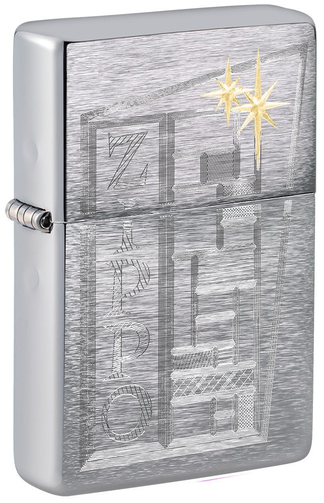 Front shot of Retro Zippo Design Vintage Brushed Chrome Windproof Lighter standing at a 3/4 angle.