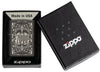 Zippo Logo Filigree Design High Polish Black Windproof Lighter in it's packaging.