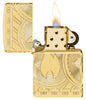 Currency Design Armor® High Polish Gold Windproof Lighter with its lid open and lit.