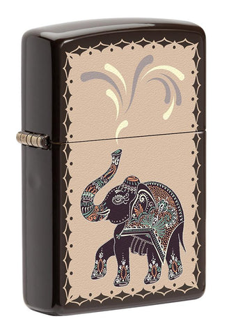 Front shot of Lucky Elephant Design Windproof Pocket Lighter standing at a 3/4 angle.