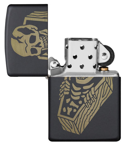 Skeleton Coffin Design Black Matte Windproof Lighter with its lid open and unlit