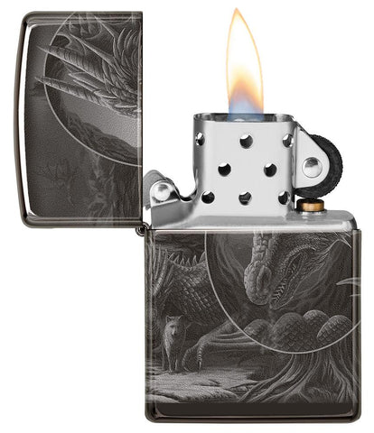 Lisa Parker Mythological Design Windproof Lighter with its lid open and lit