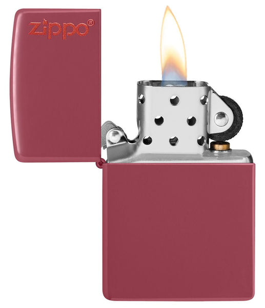 Classic Brick Zippo Logo Windproof Lighter with its lid open and lit.