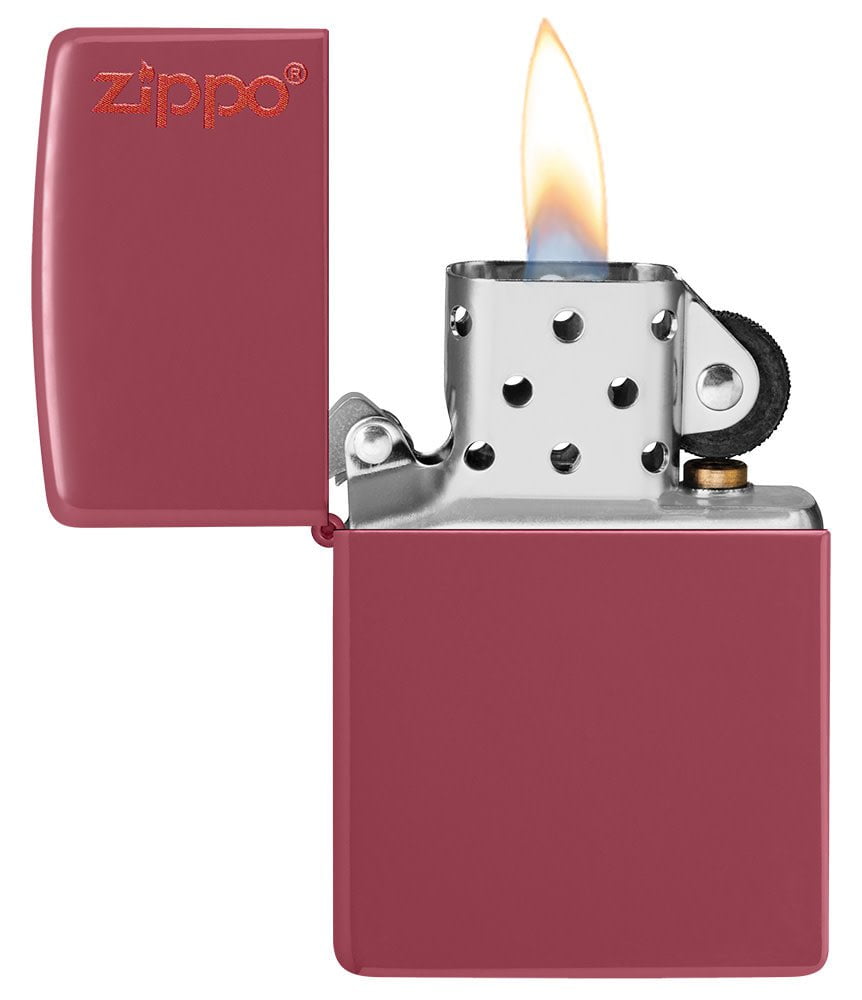 Classic Brick Zippo Logo Windproof Lighter with its lid open and lit.