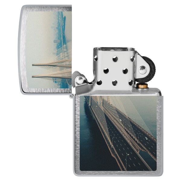 Mumbai Bridge Design Windproof Lighter  with its lid open and unlit.