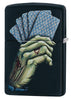 Back shot of Dead Mans Hand Design Black Matte Windproof Lighter standing at a 3/4 angle