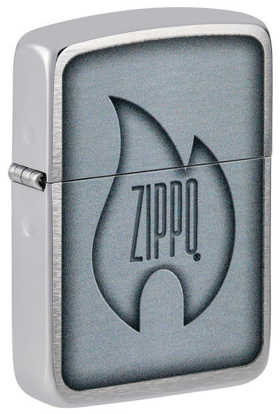 Front shot of Zippo Logo Flame Design 1941 Replica Brushed Chrome Windproof Lighter standing at a 3/4 angle