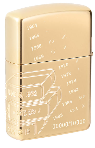 Back shot of Zippo 2023 Founder's Day Collectible Armor High Polish Brass Windproof Lighter standing at a 3/4 angle.