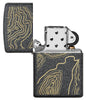 Topo Map Design Iron Stone Windproof Lighter with its lid open and unlit