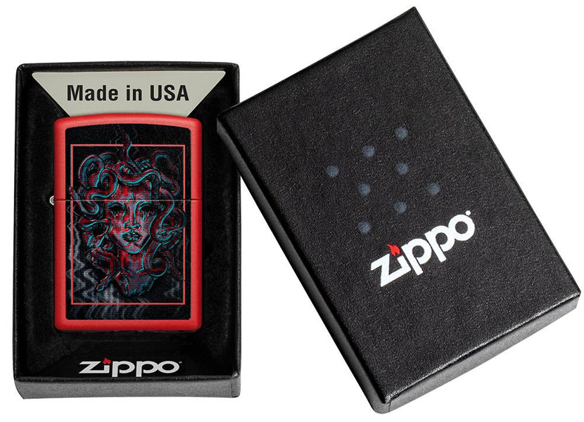 Medusa Design Red Matte Windproof Lighter in its packaging