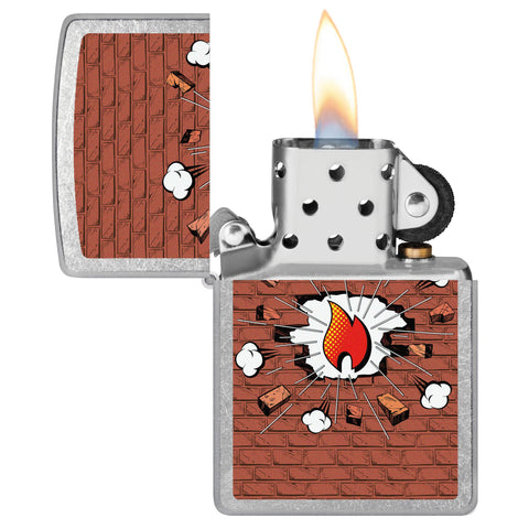 Brick Comic Design Windproof Lighter with its lid open and lit.