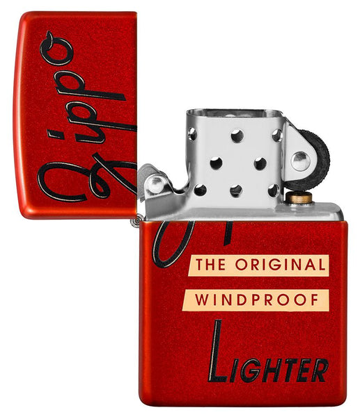 Zippo Red Box Top Design Metallic Red Windproof Lighter with its lid open and unlit