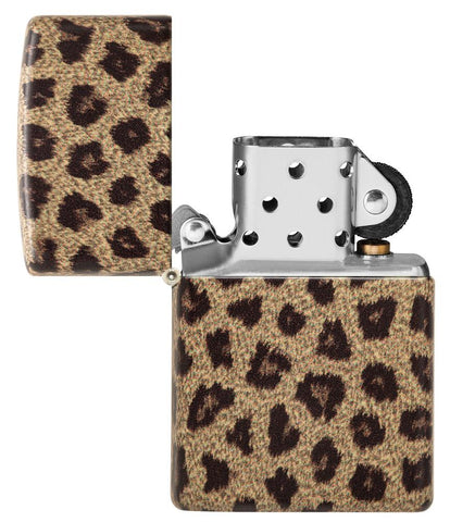 Leopard Print 540 Color Windproof Lighter with its lid open and unlit
