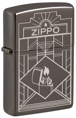 Front shot of Zippo Art Deco Design Black Ice® Windproof Lighter standing at a 3/4 angle