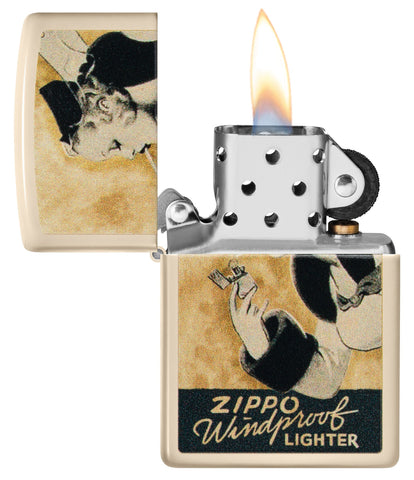 Zippo Windy Design Flat Sand Windproof Lighter with its lid open and lit.