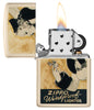 Zippo Windy Design Flat Sand Windproof Lighter with its lid open and lit.