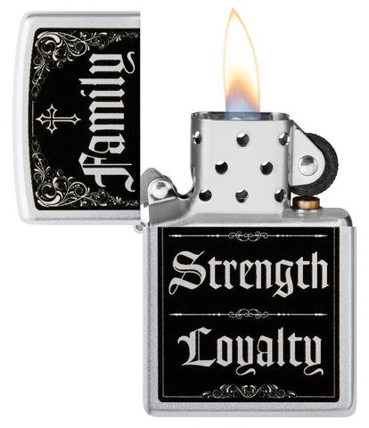 Zippo Family Strength Loyalty Design Windproof Lighter with its lid open and lit.
