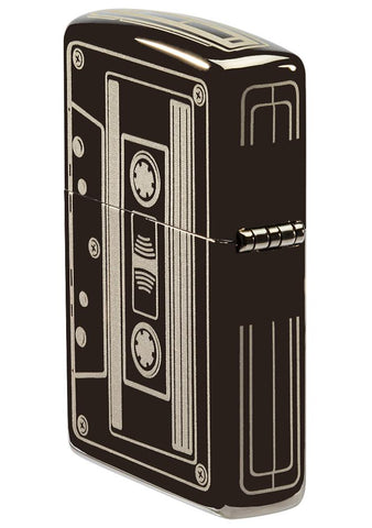 Back angle view of Cassette Tape Black Ice® Windproof Lighter, showing the hinge side