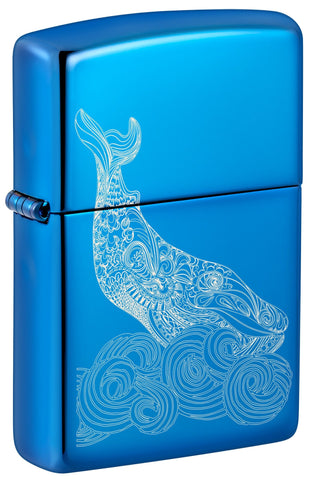 Front shot of Whale Design High Polish Blue Windproof Lighter standing at a 3/4 angle