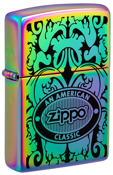 Front shot of Zippo American Classic Windproof Lighter standing at a 3/4 angle.