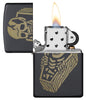 Skeleton Coffin Design Black Matte Windproof Lighter with its lid open and lit