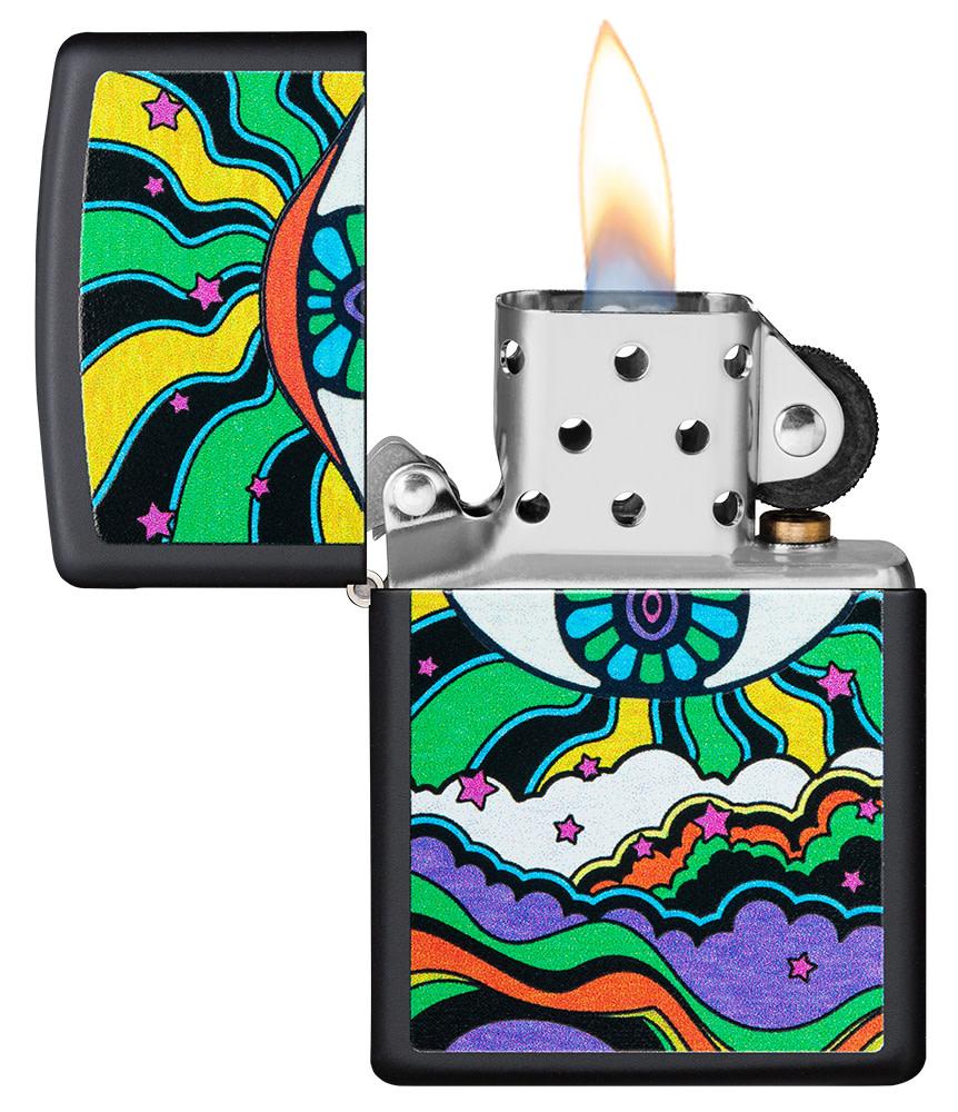 Black Light Eye Design Black Matte Windproof Lighter with its lid open and lit.