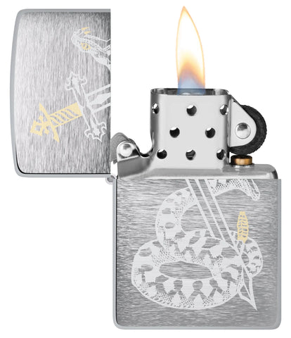 Snake Sword Tattoo Design Windproof Lighter with its lid open and lit.