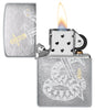 Snake Sword Tattoo Design Windproof Lighter with its lid open and lit.