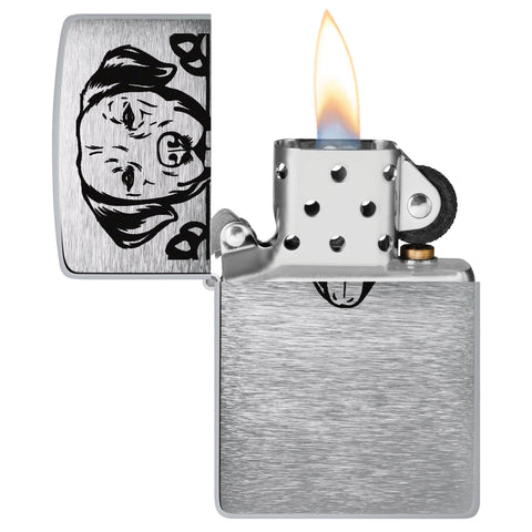 Labrador Design Windproof Lighter with its lid open and lit.