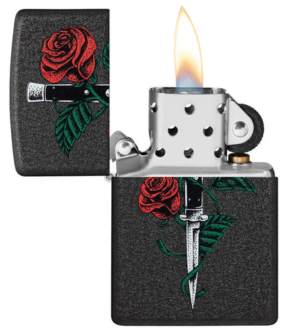 Rose Dagger Tattoo Design Black Crackle® Windproof Lighter with its lid open and lit.