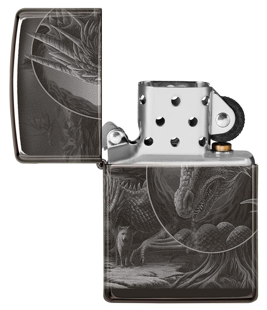 Lisa Parker Mythological Design Windproof Lighter with its lid open and unlit