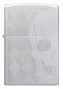 Front shot of Skull Design Auto Engraved Satin Chrome Windproof Lighter.