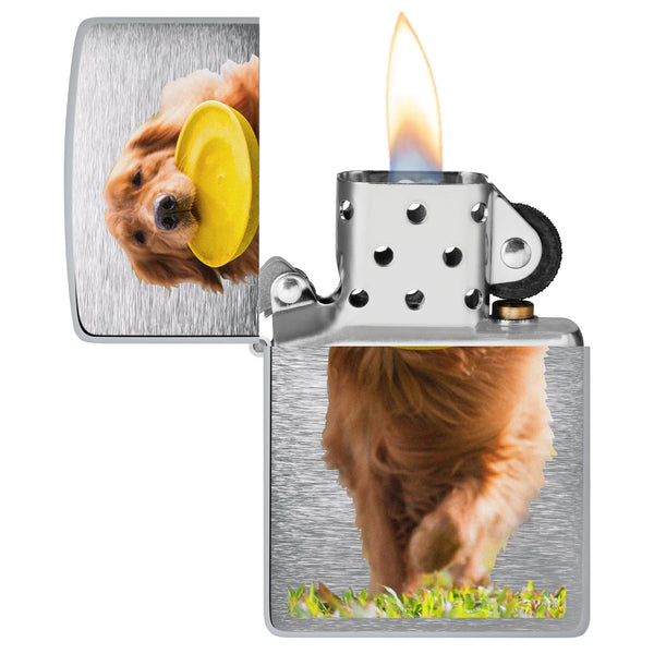 Golden Retriever Design Windproof Lighter with its lid open and unlit.