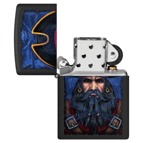 Pirate Blacklight Design Windproof Lighter with its lid open and unlit.