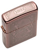 Top view shot of Reimagine Zippo High Polish Rose Gold Windproof Lighter, showing the engraving on the top of the lid.