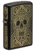 Front view of Art Deco Skull Black Matte Windproof Lighter standing at a 3/4 angle