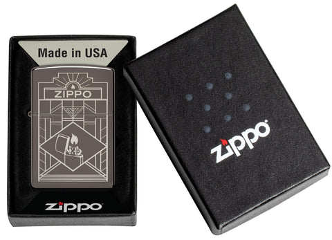 Zippo Art Deco Design Black Ice® Windproof Lighter in it's packaging.