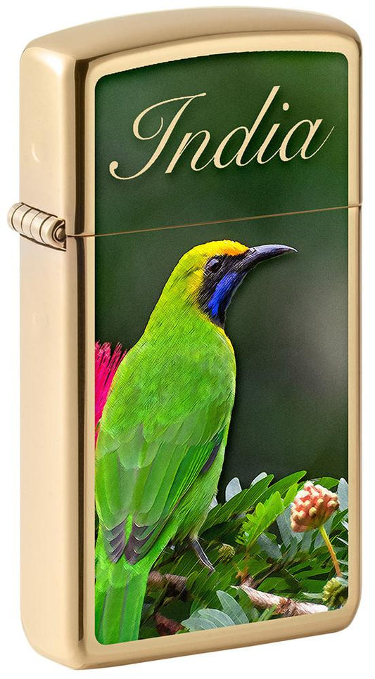 Front shot of Slim Green Bird Design Windproof Pocket Lighter standing at a 3/4 angle.